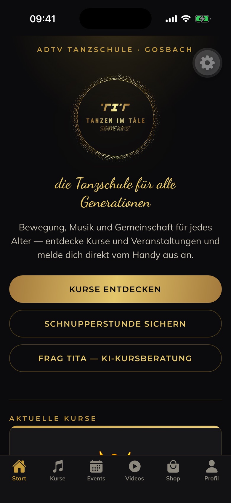 Startbildschirm der App „Tanzen im Täle“: Logo, der Claim „die Tanzschule für alle Generationen“, die Knöpfe „Kurse entdecken“ und „Schnupperstunde sichern“ sowie die aktuellen Kurse